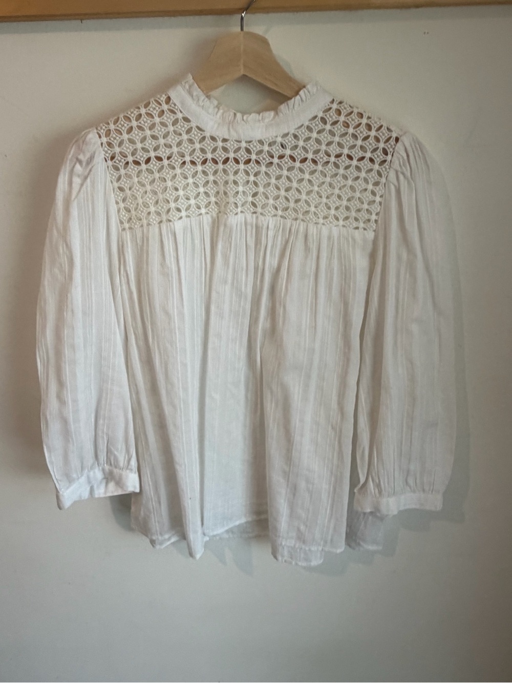 White Crochet Yoke Long Sleeve Women's Top